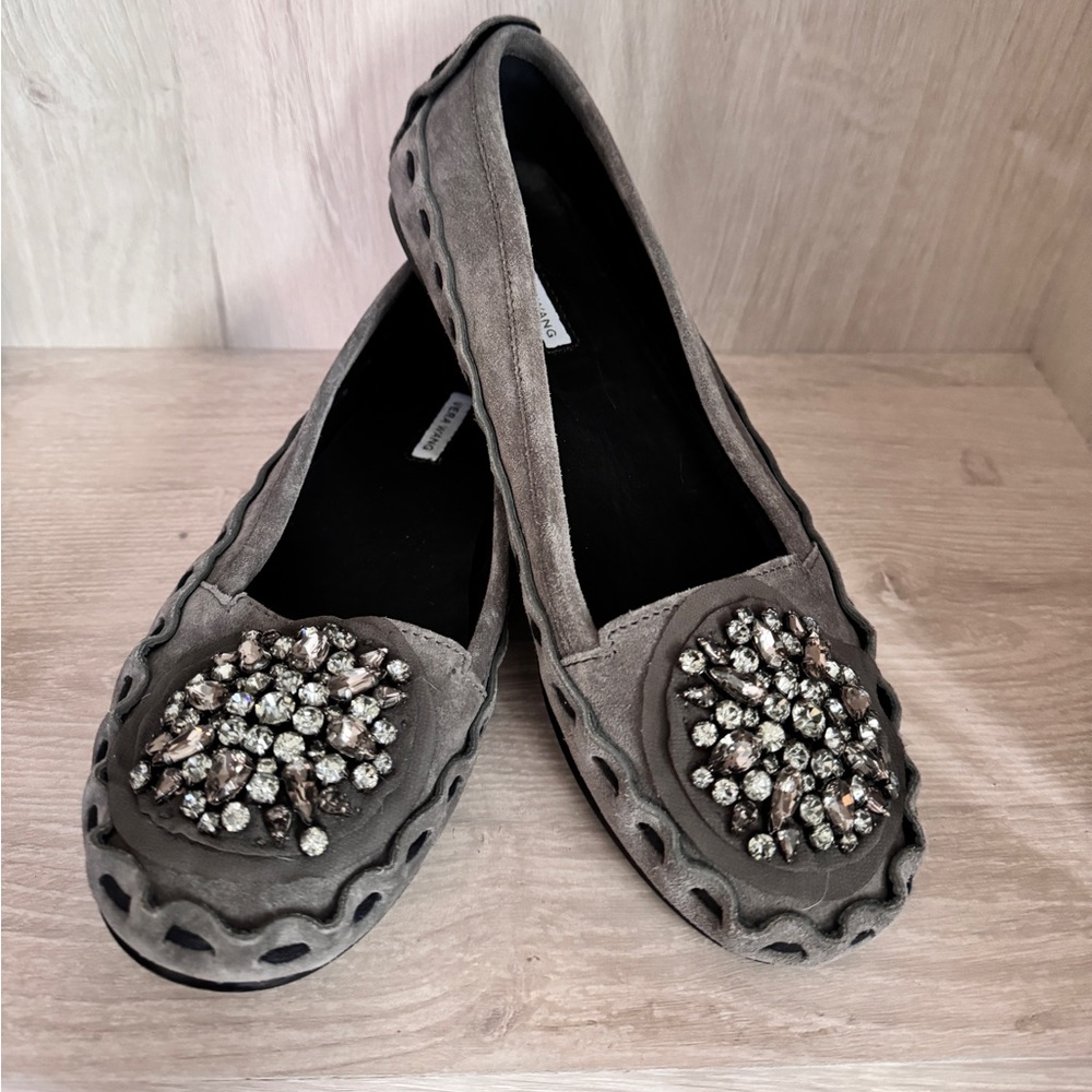 Vera Wang Gray Suede Rhinestone Moccasins